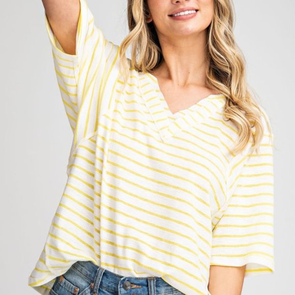 Raw Edge V-Neck Striped Tee - Picture 4 of 7